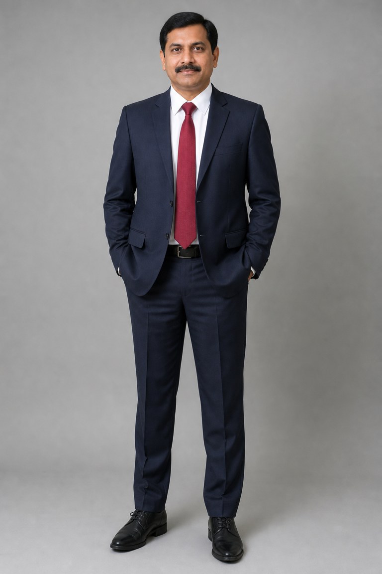 Input rider for Crazy Frog AI example 5: a man with a moustache in a navy business suit and red tie (AI-generated sample person)